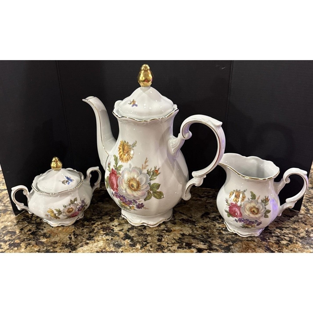 Mitterteich Bavaria Meissen Floral Flowers Creamer Sugar Teapot Vintage MCM